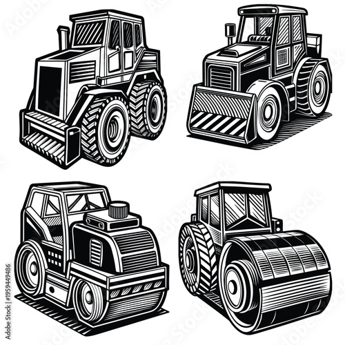 Bulldozer and Compactor Heavy Construction Equipment Illustration