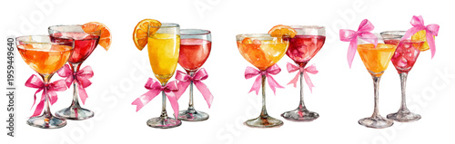 Watercolor painting of colorful cocktails and refreshing drinks in elegant glasses, adorned with pink bows and orange slices, evoking festive gatherings and celebrations