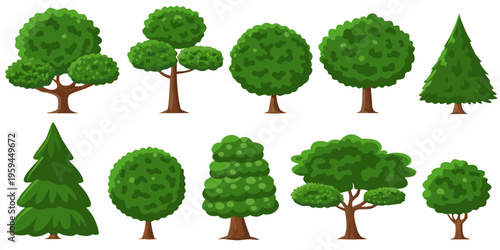 Collection of various stylized green trees and shrubs on white