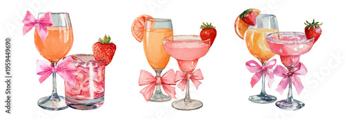Watercolor collection of various pink and orange summer cocktails with fresh strawberries, citrus slices, and decorative pink bows, suitable for celebration concepts