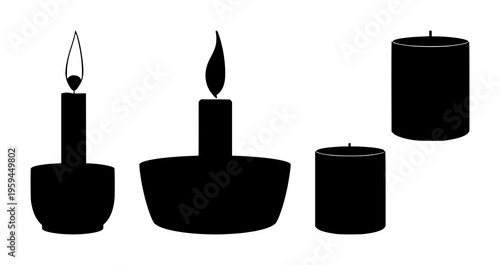 Candles set with single candle silhouette in holder featuring candle, holder, silhouette with black and white and decorative and ornamental