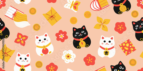 Seamless pattern featuring lucky cats gifts and traditional japanese motifs