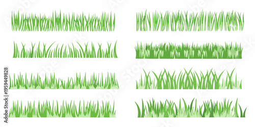 Collection of vibrant green grass blades arranged in horizontal rows