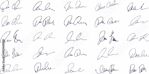 Collection of handwritten signatures in blue ink on a white background