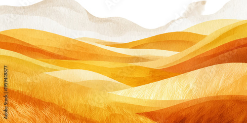 Abstract watercolor landscape showing rolling hills and valleys in warm yellow, orange, and beige tones with a textured paper effect, representing nature's beauty and soft curves
