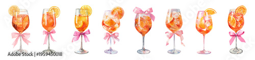 Watercolor set of elegant spritz cocktails in vibrant orange hues with ice and citrus garnishes, each glass tied with a pink ribbon  festive, summery refreshment collection