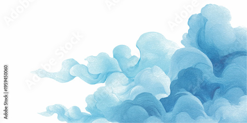 Blue watercolor abstract background with soft, flowing ink expanding across a white space, creating dynamic paint textures and an ethereal cloud or smoke effect