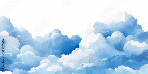 Blue watercolor sky with fluffy white cumulus clouds creating a soft dreamy atmosphere for tranquil backdrops and peaceful weather concepts