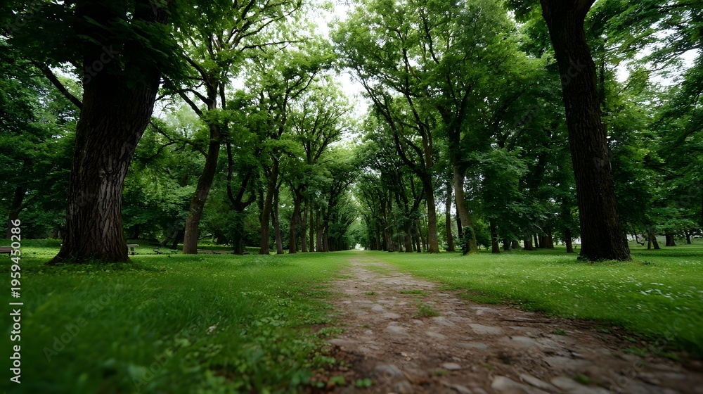 Fototapeta premium A serene low angle perspective down a cobblestone path winding through a vibrant green park with tall mature trees forming an avenue