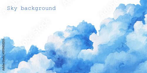 Blue watercolor clouds wash across textured paper, blending soft light and deep blues in wet on wet strokes to form a tranquil, dreamy sky background for designs
