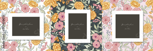 Realistic photo frames on endless flowers vector pattern. Seamless pattern and photo frame vector illustration. Picture for Scrapbook, collage, album