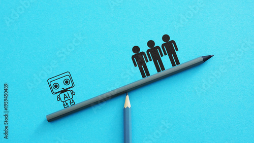 AI vs humans balance concept with artificial intelligence and people on scale, workforce comparison, automation impact, technology vs human labor, future of jobs and productivity