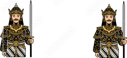 Traditional royal guard warrior illustration with sword and ornate costume, detailed vector design of historical ceremonial soldier isolated on white background