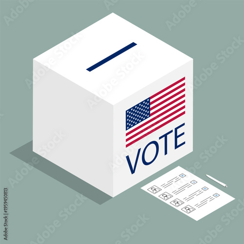 Isometric ballot box and a completed voter form on a table. Cartoon 3D vector concept isolated on green background
