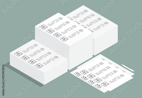 Isometric stacks of voting forms filled out by voters and ready for counting. Cartoon 3D vector concept isolated on green background