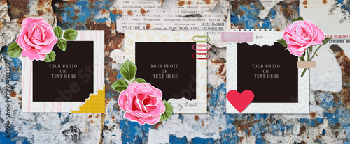 Vintage retro style. Decorative vector template photo frame on grunge background. Scrapbook design concept for kids picture or memories. Insert your picture.