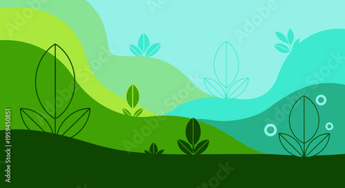 Abstract Green Nature Landscape with Stylized Leaves and Rolling Hills; Eco-Friendly Vector Background for Sustainability, Growth, and Environmental Concepts
