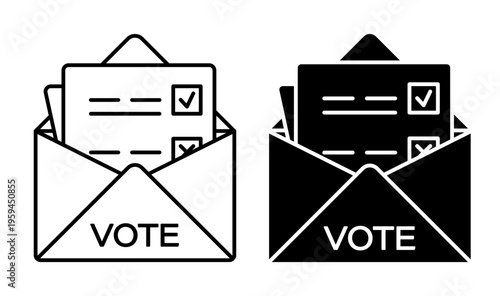 Linear icon. Folded preliminary voting form is sent into a postal envelope. Simple black and white vector symbol isolated on white background