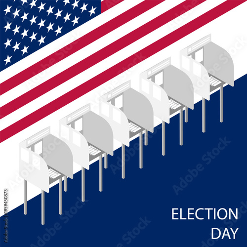 Isometric voting booths at a polling station against the backdrop of the American flag. Cartoon 3D vector concept on blue white background