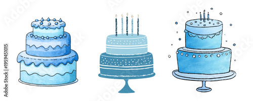Three blue watercolor birthday celebration cakes with candles and decorative frosting, representing festivities, joy, and sweet dessert traditions