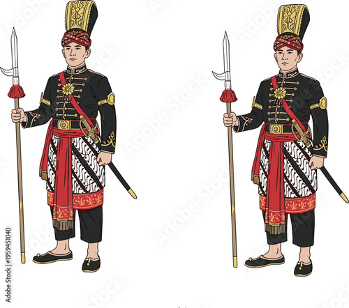 Traditional ceremonial guard in ornate costume holding spear, detailed vector illustration of historical warrior in cultural attire isolated on white background