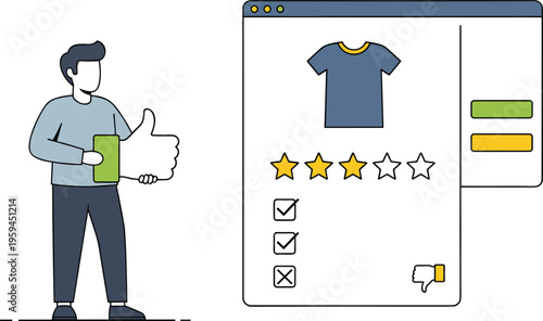 Customer review and rating concept with product feedback interface, vector illustration of online shopping evaluation with stars checklist and user approval