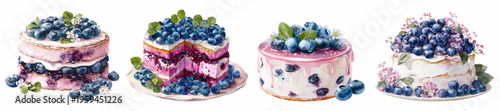 Watercolor illustration of blueberry cakes and pastries, layered naked cakes, cream topped pastries and slices adorned with fresh berries, mint and small edible flowers on white background