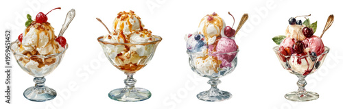 Ice cream sundaes in glass bowls. Featuring scoops of vanilla. Strawberry. Blueberry. And mixed flavors. Topped with cherries. Caramel. Berries. And nuts