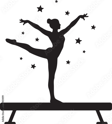 Silhouette of gymnast on balance beam with stars, Generative Ai