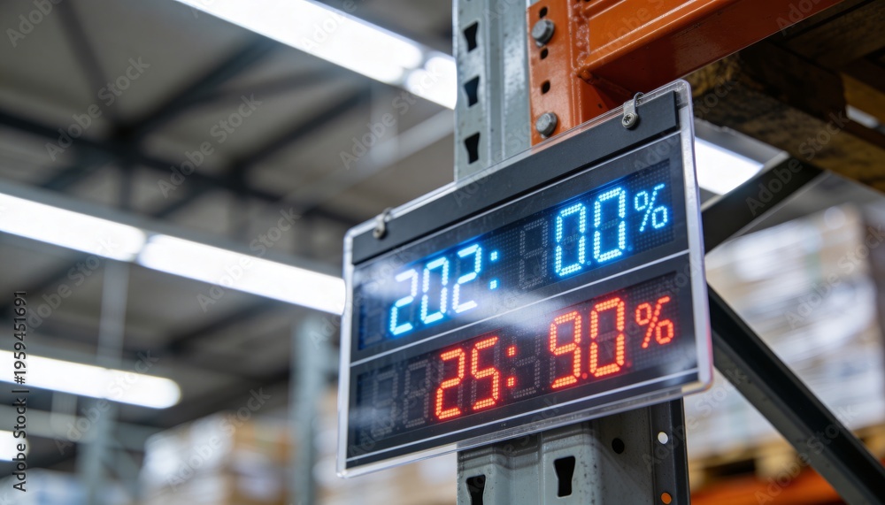 Fototapeta premium Displaying two-line LED display showing blue top and red bottom on steel rack, with pallet racks