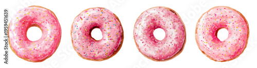 Glazed donuts illustration set with pink sugar icing and colorful sprinkles, creating a sweet dessert concept for bakeries and treats
