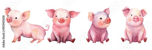 Piglets watercolor illustration set featuring cute baby farm animals in various poses, hand drawn graphic elements for children's designs, nursery art, or greeting cards