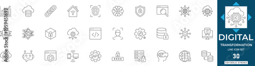 Digital transformation line icon set featuring innovation, technology, connectivity, automation, cloud, data, and future. Professional editable vector illustration.
