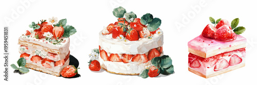 Collection of watercolor strawberry cakes and isolated cake slices, showcasing sweet desserts with fresh fruit, creamy fillings, and delicate decoration on a white background
