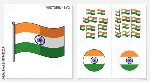 Indian Flag Collection: Waving, Circular, and Grouped Vector Graphics