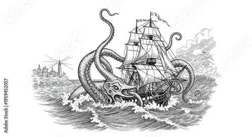 Kraken Attacks Sailing Ship in Stormy Seas, Nautical Illustration