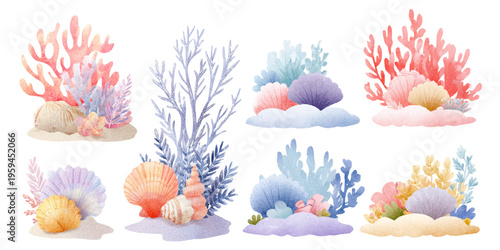 Hand painted watercolor ocean life elements for marine ecosystems, showing various coral reefs, seashells, and underwater plants in pastel colors, creating a vibrant sea environment