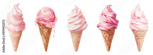 Row of five watercolor ice cream cones featuring various shades of pink and strawberry flavors, representing sweet summer treats and refreshing desserts