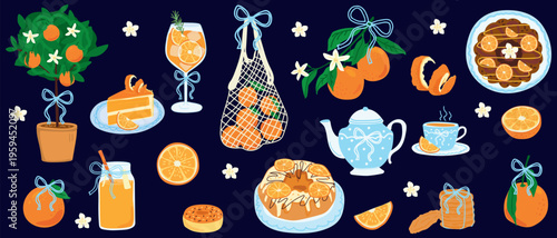 Italian Summer Orange Harvest Collection: Citrus Bundt Cake, Fruit Tea Set, and Blooming Tree in Coquette Aesthetic with Blue Ribbons on Dark Background