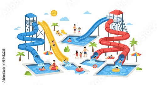 Water Park Fun: Diverse Slides and Happy People Enjoying Summer Vacation