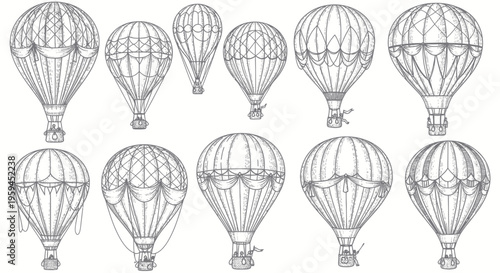 Vintage Hot Air Balloons Collection, Hand Drawn Sketch Style