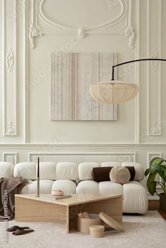 Elegant Living Room Interior with Neutral Tones and Modern Furnishings, a Cozy and Stylish Home Setting