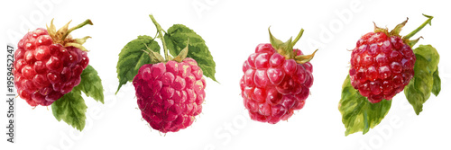 Raspberries watercolor illustration showcasing multiple juicy red berries and accompanying green leaves, emphasizing freshness, organic produce, natural ingredients, and healthy eating concepts