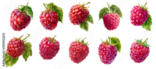 Red raspberries watercolor illustration featuring multiple individual fruits with green leaves, representing fresh, healthy, and organic produce for food and health concepts