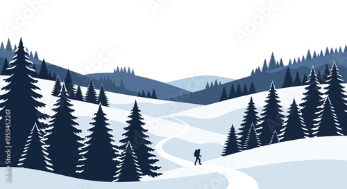 Winter hiker walking on snowy path through dark blue pine forest and hills