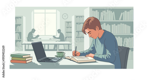 Young man studying in library with laptop, books and coffee