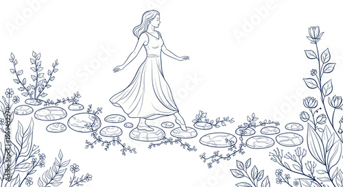 Woman walking on stepping stones through nature, sketch style