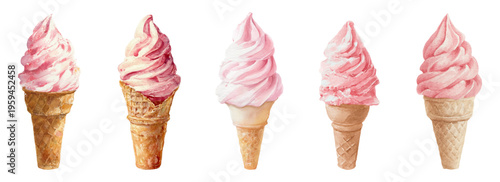 Hand painted watercolor pink soft serve ice cream cones in waffle cups presenting sweet dessert flavors for summer menus and sugary treats