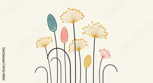 Minimalist Mid-Century Modern Botanical Illustration with Stylized Wildflowers and Meadow Grass, Retro Scandinavian Floral Art Print on Cream Background