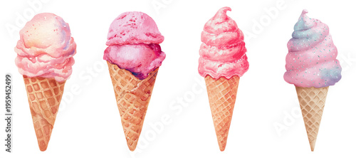 Hand painted watercolor pink ice cream cones creating a refreshing collection of pastel desserts, perfect for summer treats and sweet celebrations